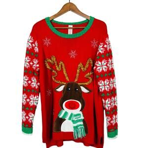 Holiday Time Christmas Sweater Rudolph Scoop Neck Red Party Ugly - 2X